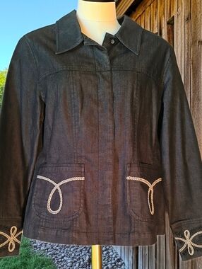 New Women's Western Jacket Black Denim and Boot Stitching Trim Med. Laura Ashley